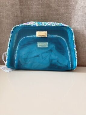 Lilly Pulitzer Teal Mesh 2 pc Cosmetic Pouch with Floral Trim